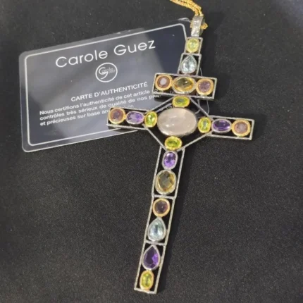 Pendentif Croix en Quartz rose, péridot, améthyste, aigue-marine, citrine